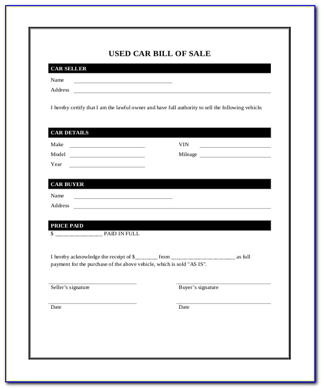 Used Vehicle Bill Of Sale Template Fillable Pdf