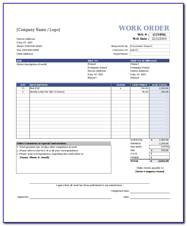 Work Order Template Free Downloads