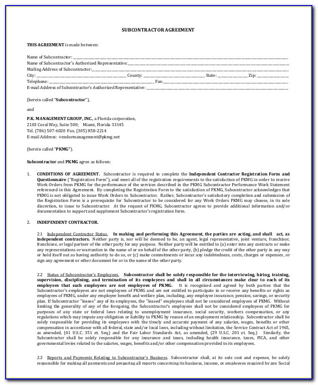 Writing A Subcontractor Agreement Form