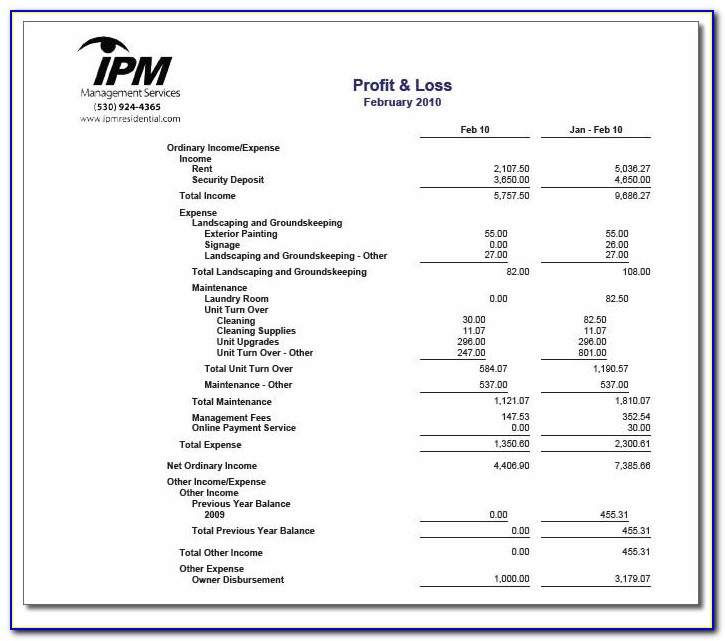 Year To Date Profit And Loss Statement Template