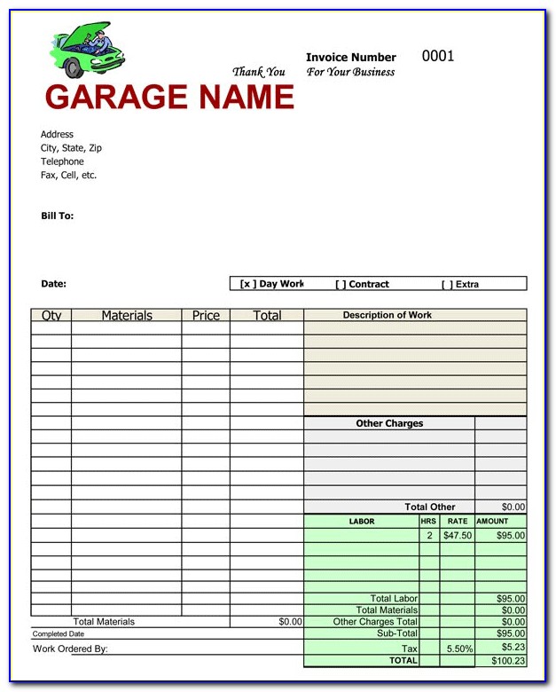 Auto Mechanic Invoice Template Excel