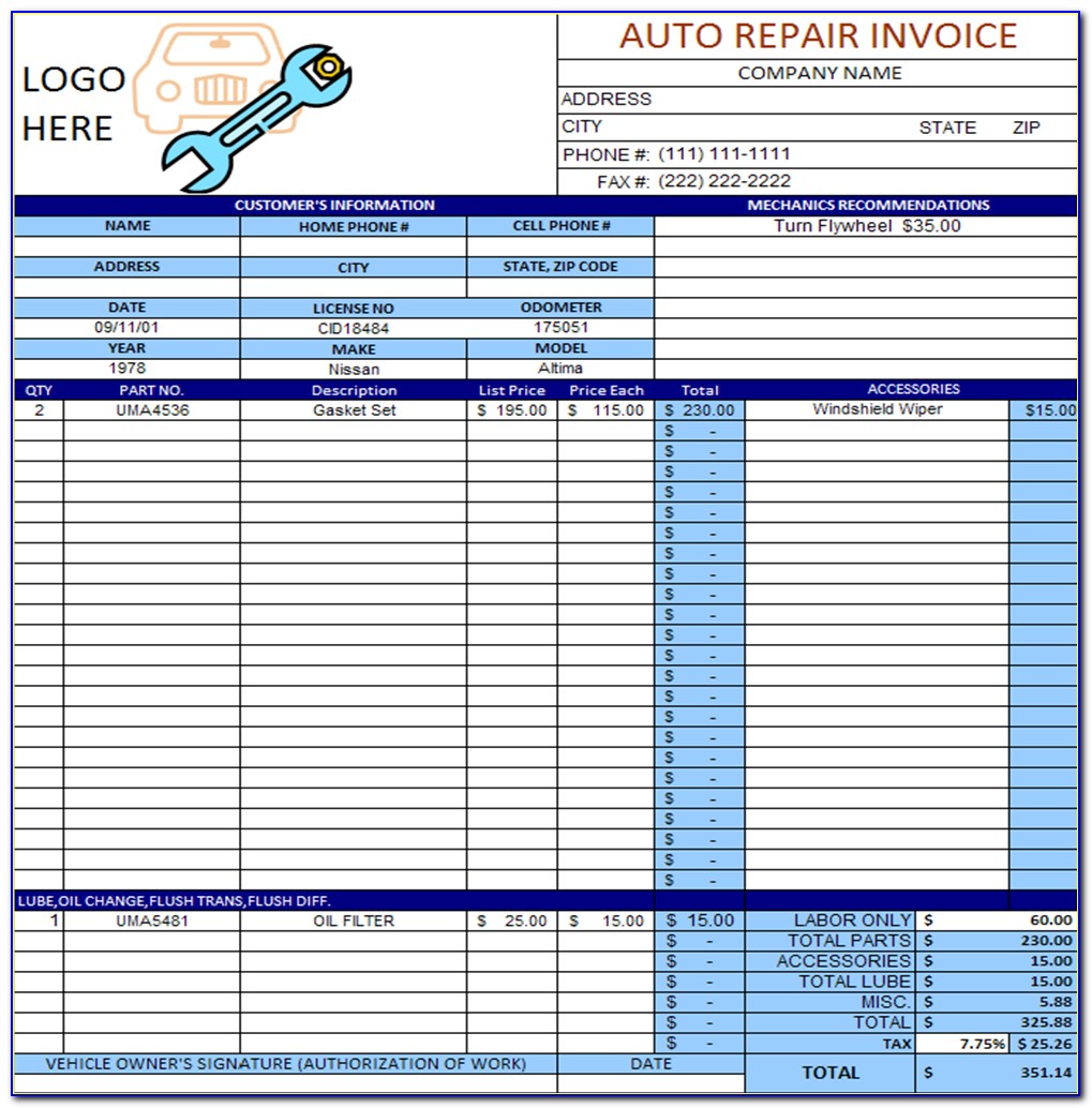 Auto Service Invoice Template Excel