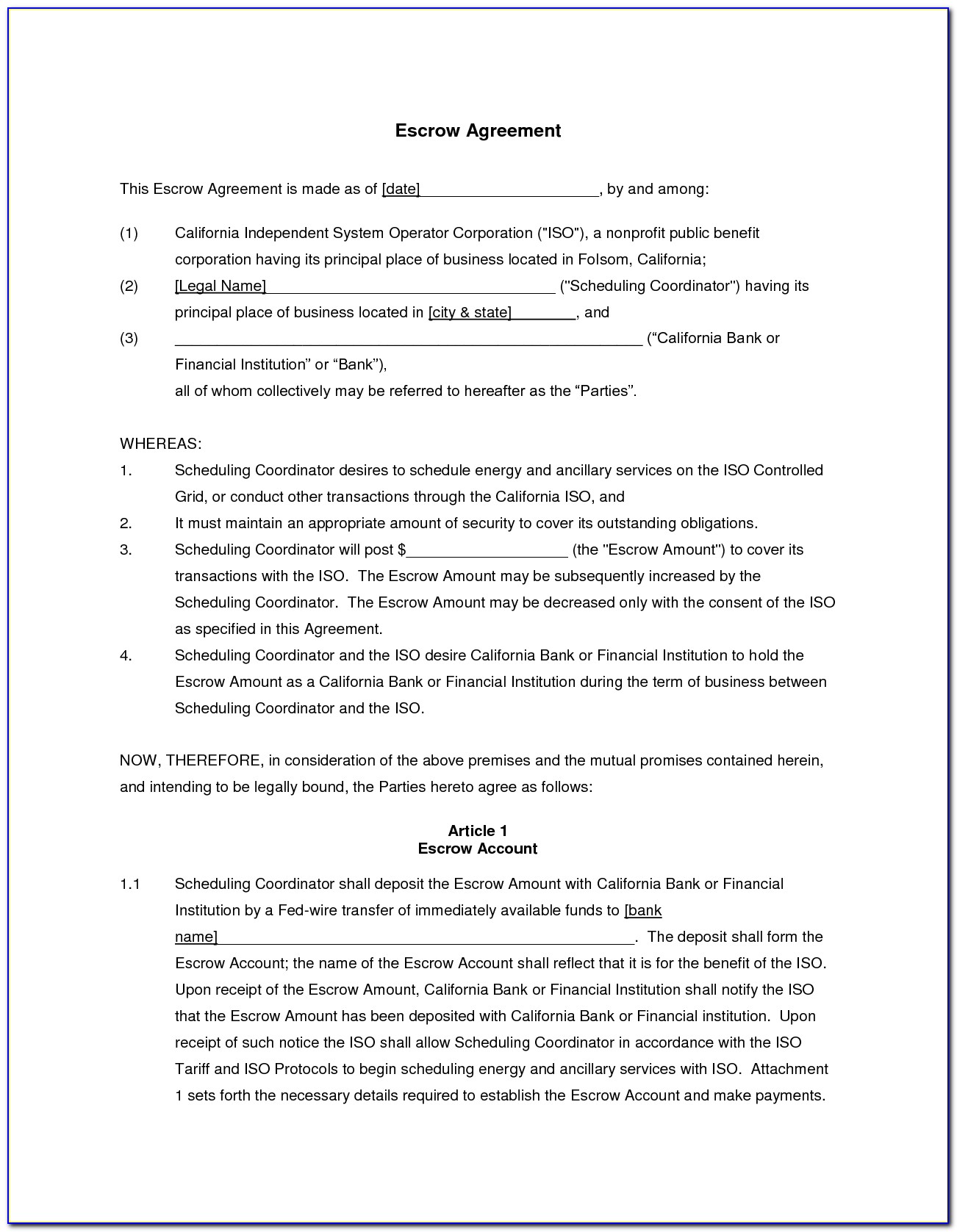 Bank Escrow Account Agreement Template