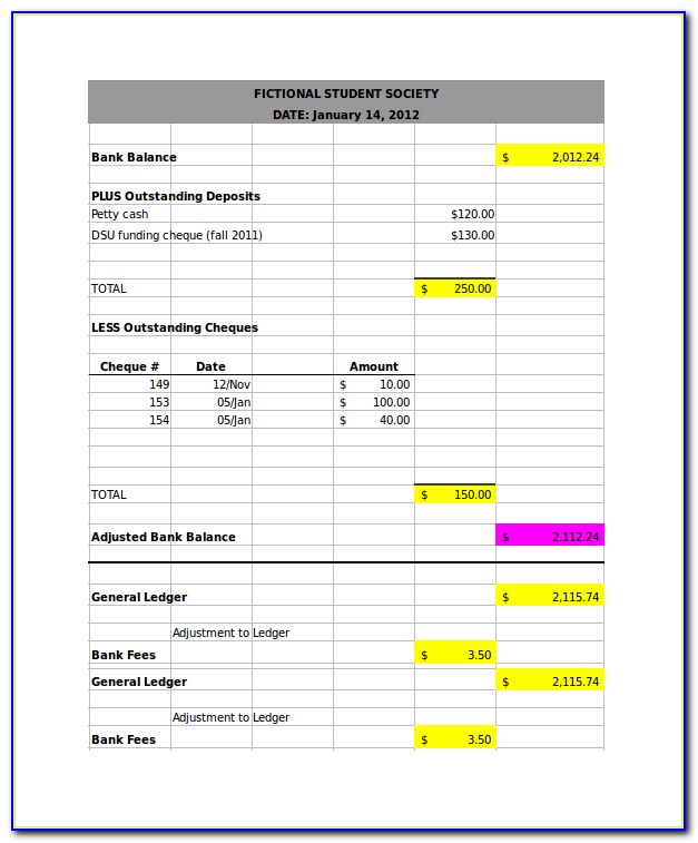 Bank Reconciliation Statement Format Excel