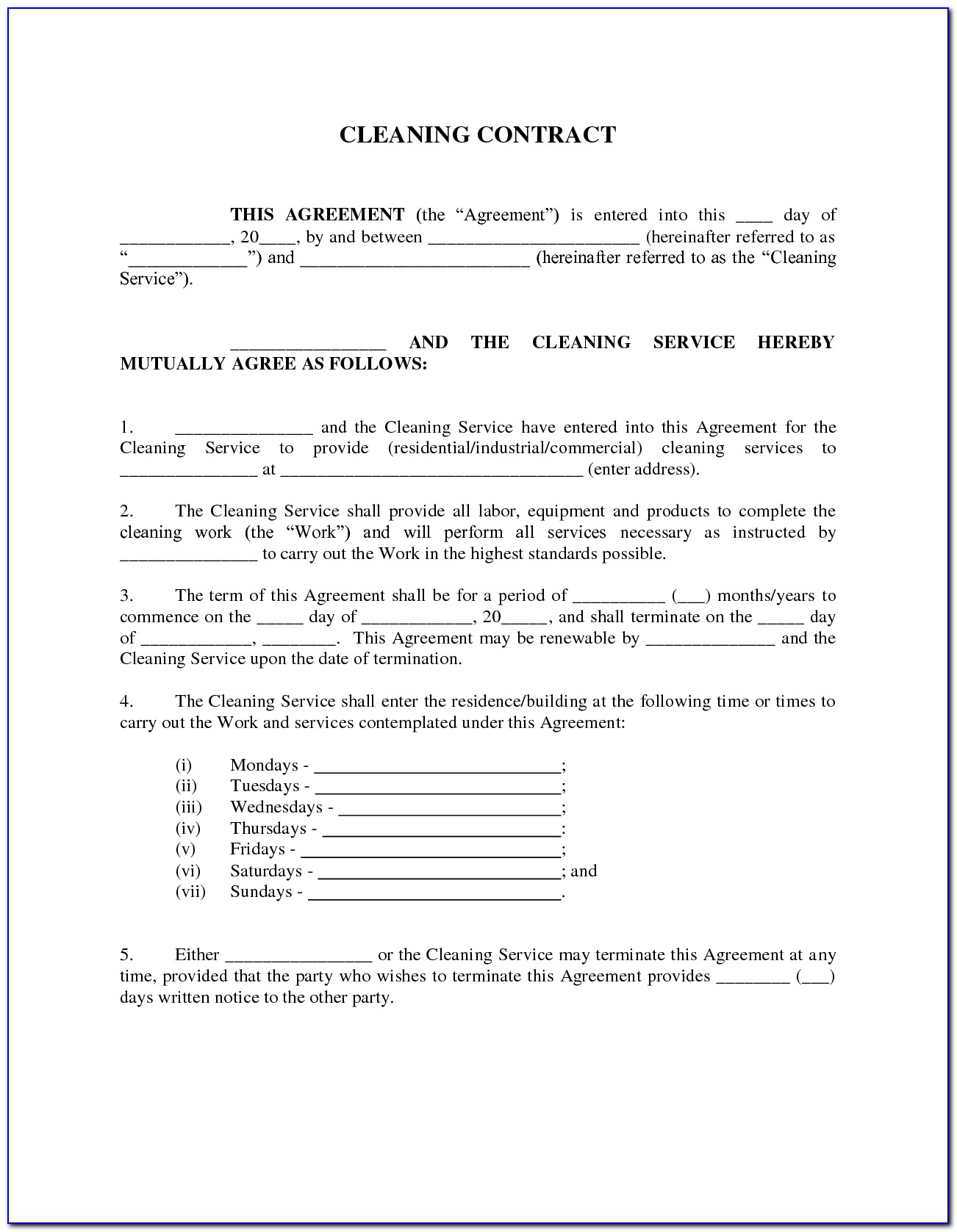 Cleaning Contract Template Nz