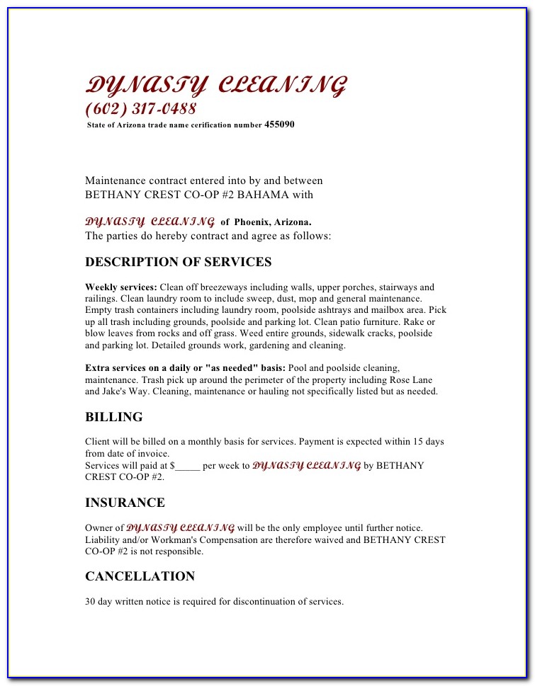 Commercial Cleaning Service Agreement Template