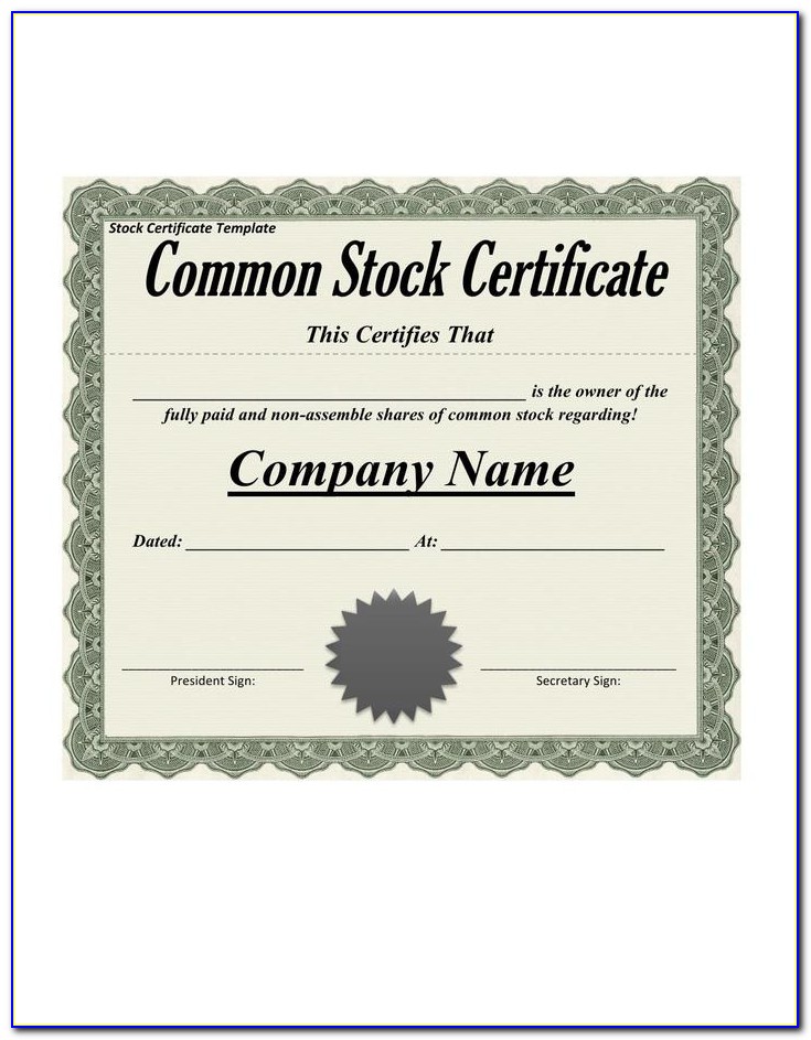 Common Shares Stock Certificate Form