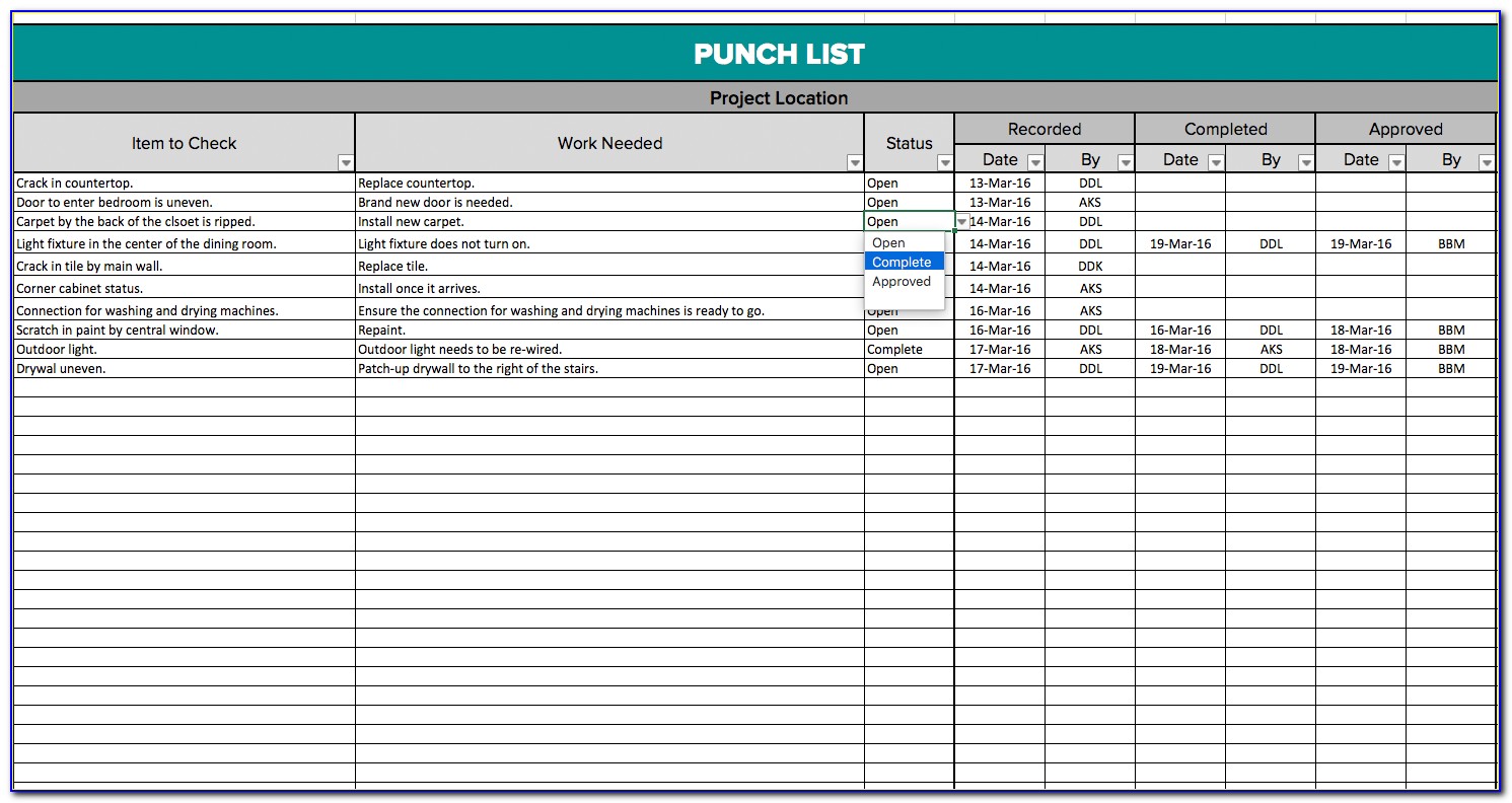 Construction Punch List Template Excel Software