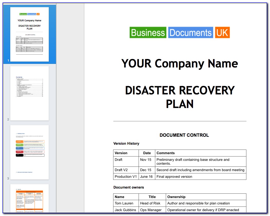 Disaster Recovery Plan Template For Small Business Uk