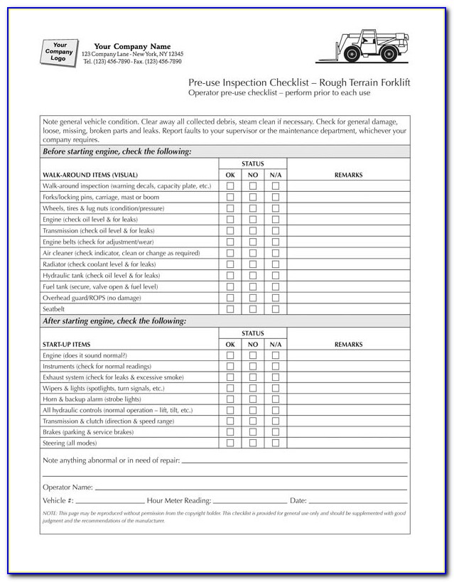 Electric Forklift Daily Inspection Checklist Template