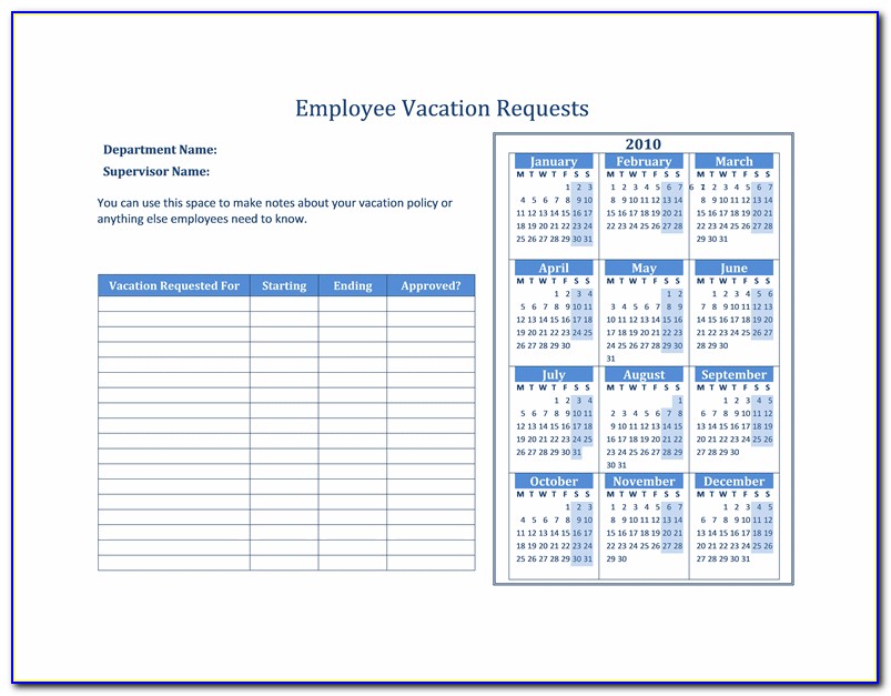 Employee Holiday Calendar Excel Template 2019
