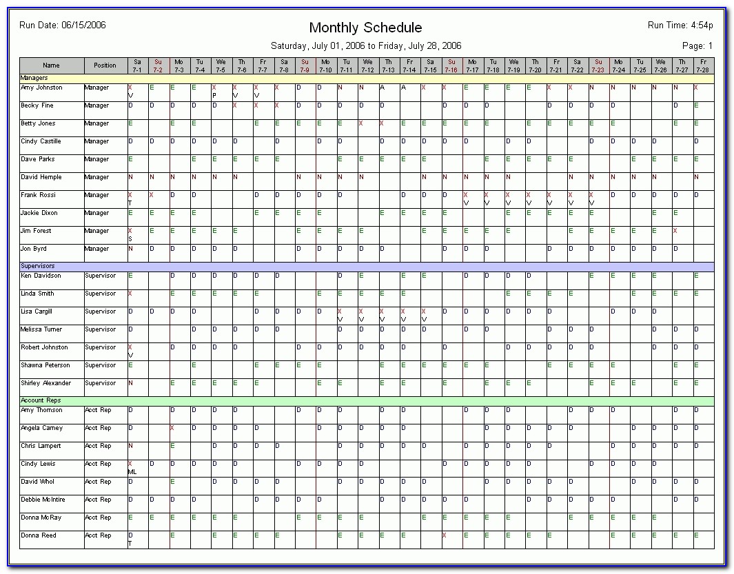 6+ Monthly Employee Schedule Template | Procedure Template Sample Pertaining To Blank Monthly Employee Schedule Template