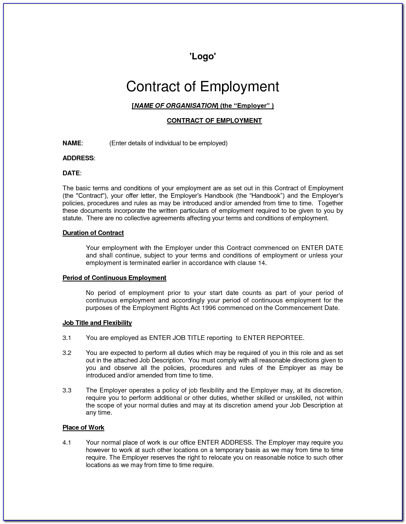 Employers Contract Template