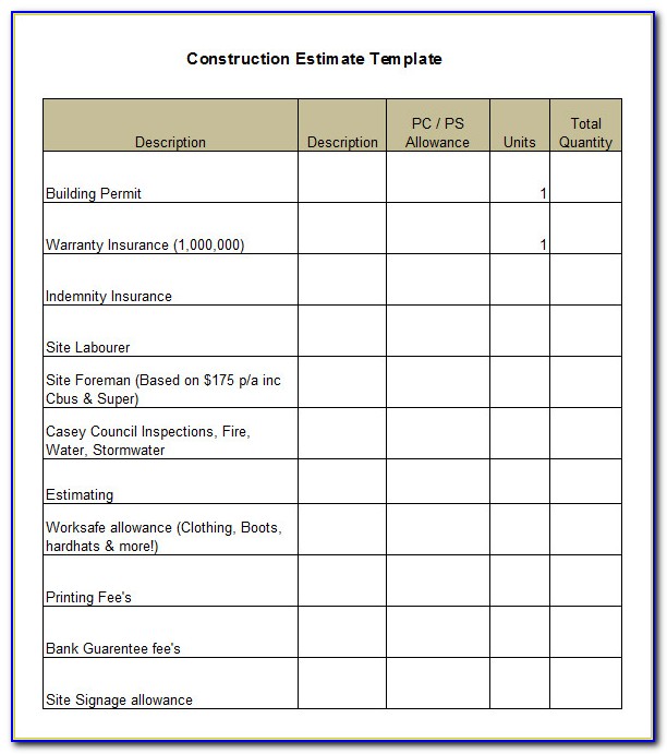Free Construction Estimate Template Word