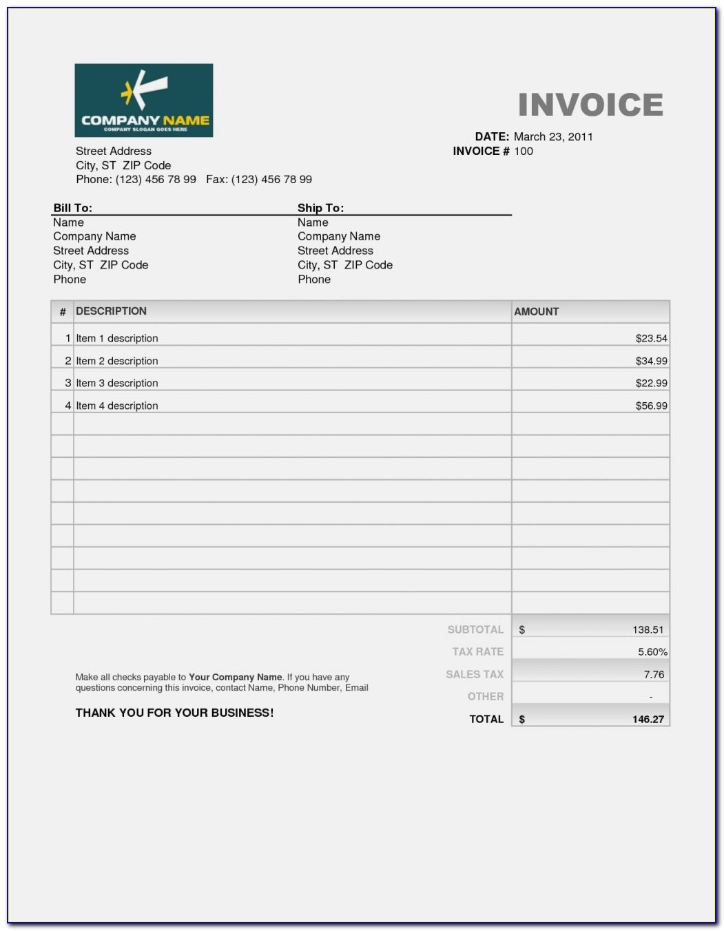 Invoice Template In Word Format Free Download