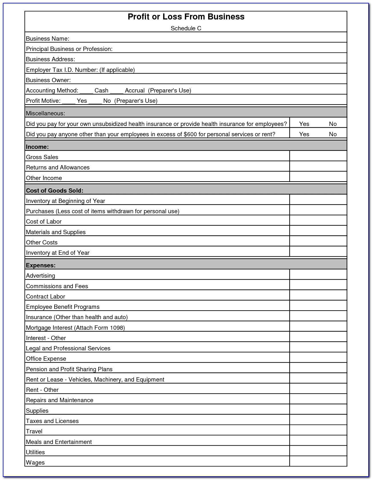 Free Simple Profit And Loss Statement Template