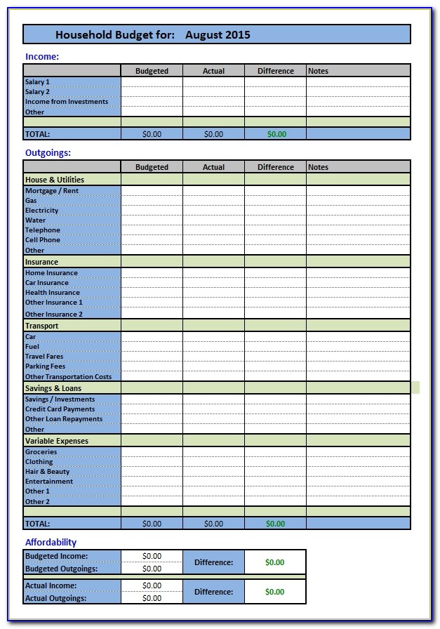 Free Templates For Household Budgets