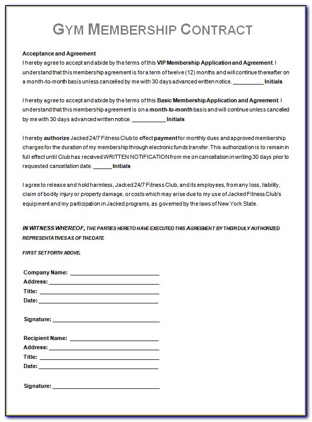 Gym Membership Contract Sample