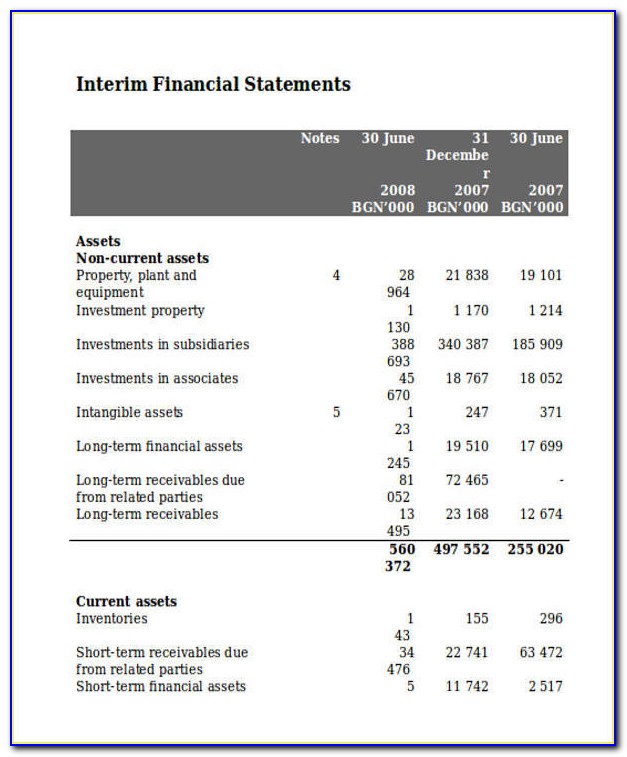 Interim Financial Statements Example Excel