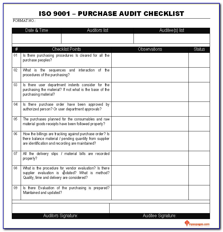 Internal Audit Checklist Template Iso 9001