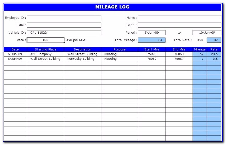 Irs Mileage Log Template Excel
