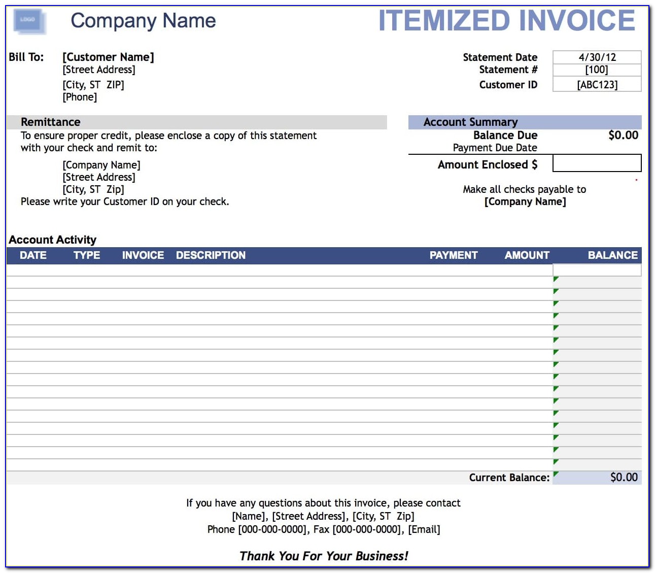Itemized Invoice Template Excel