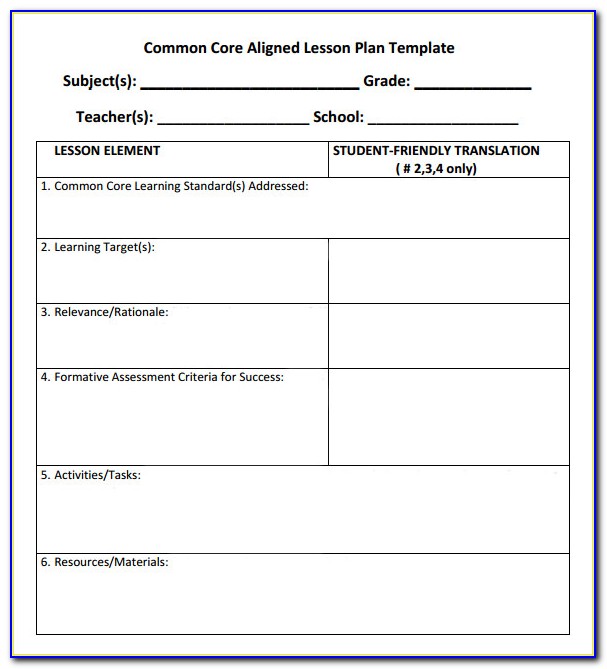 Lesson Plan Template For Common Core Standards