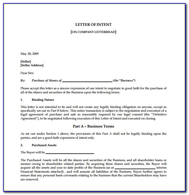 Letter Of Intent To Sell House Template