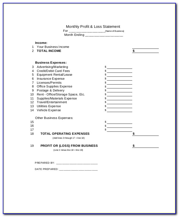 Monthly Profit And Loss Statement Template Free