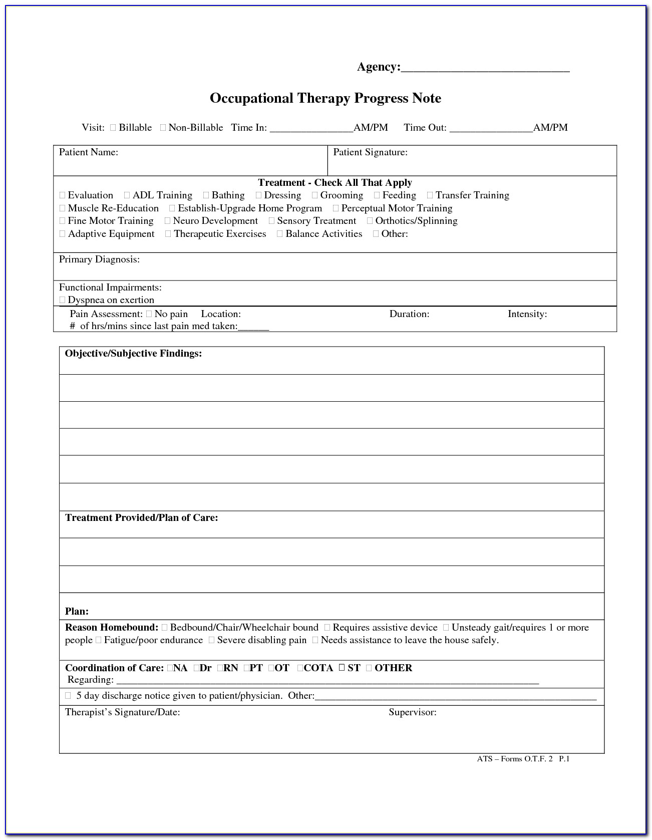 Occupational Therapy Progress Note Template