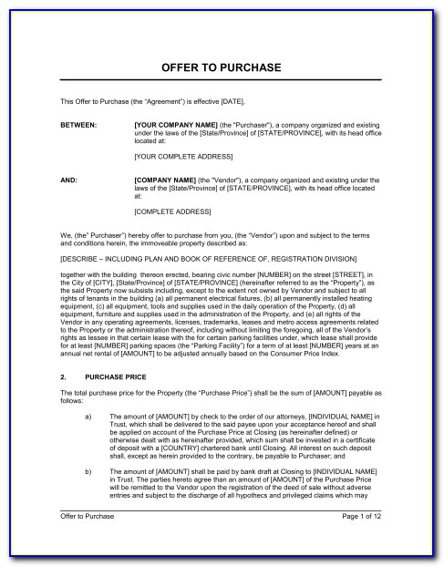 Offer To Purchase Business Agreement Template