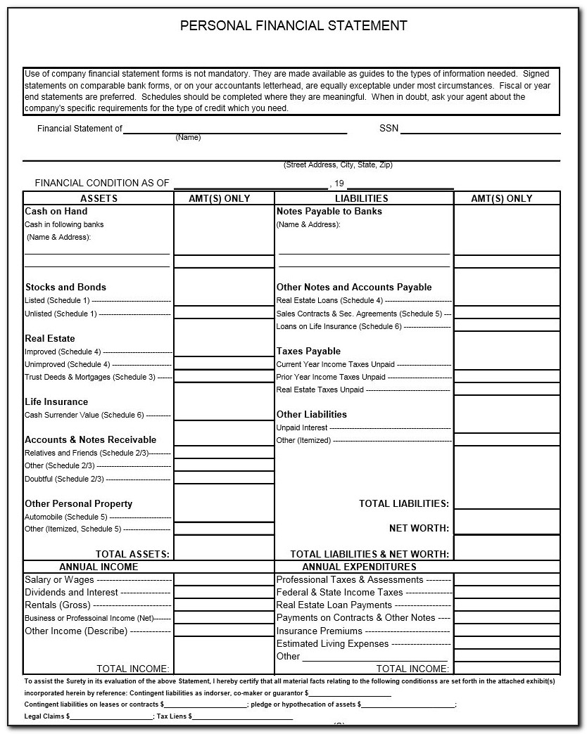 Personal Financial Statement Form Word