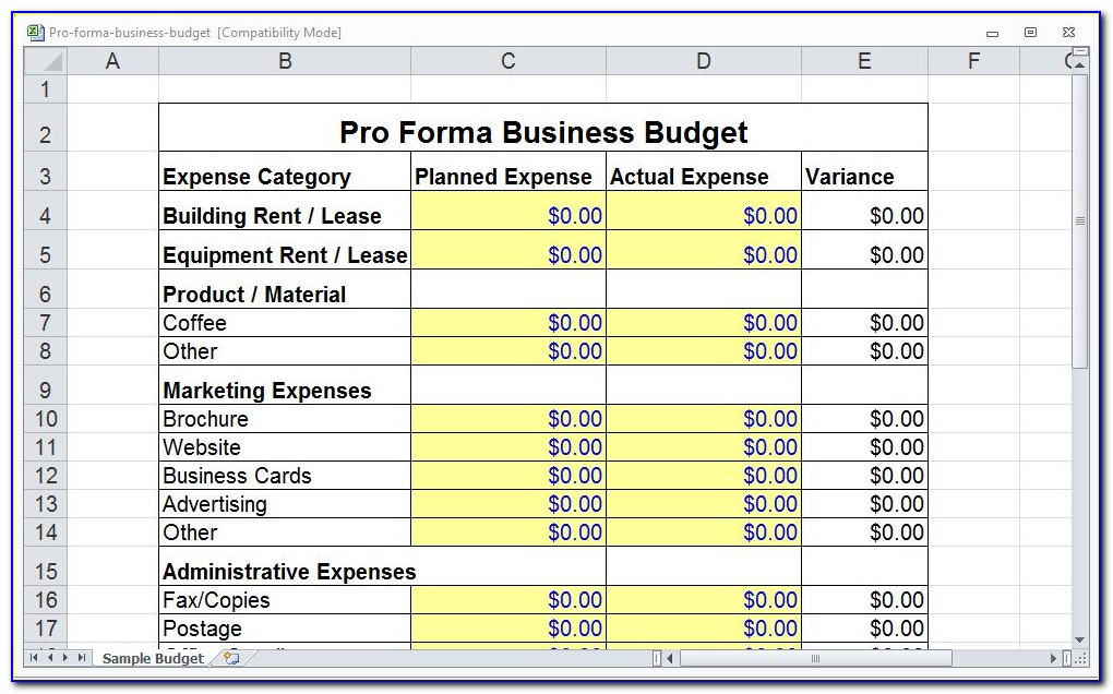 Pro Forma Business Plan Template Xls