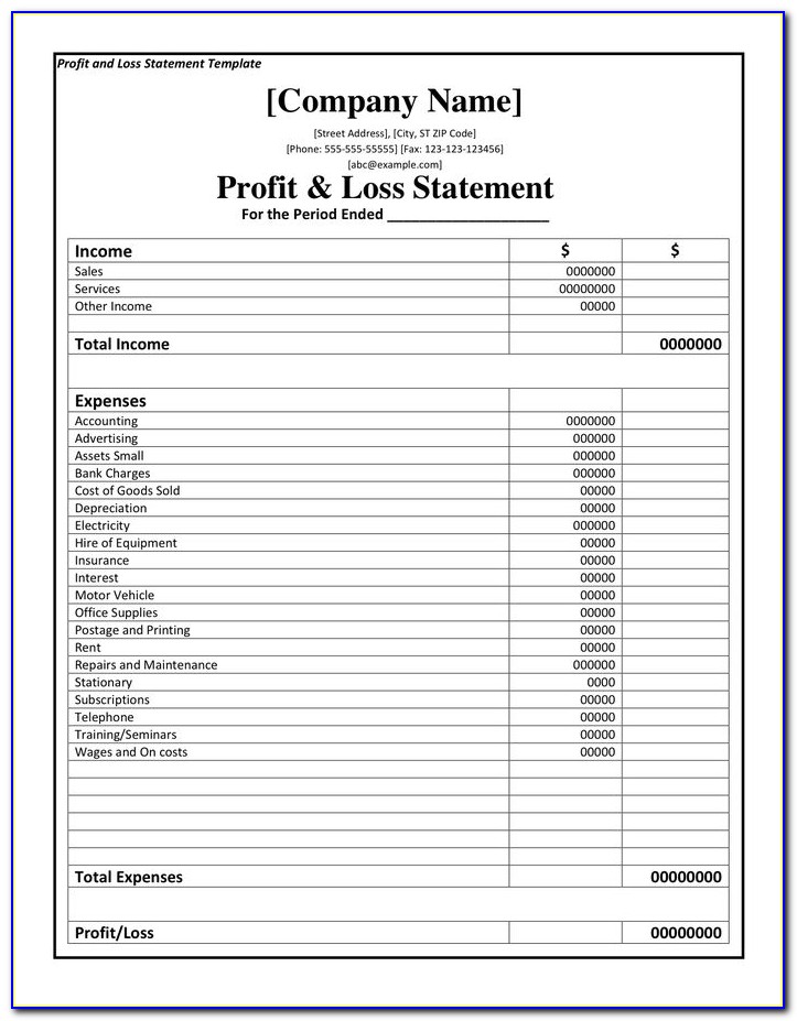 Profit And Loss Template Xls