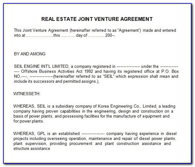 Real Estate Joint Venture Agreement Template