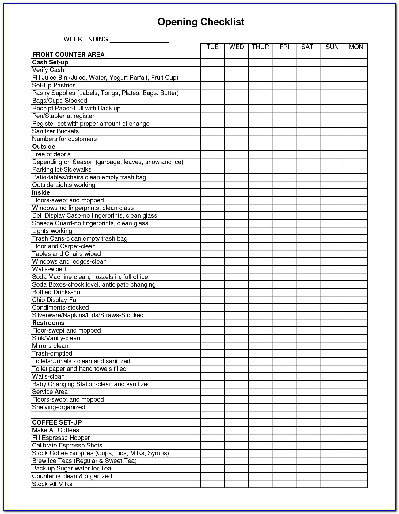 Restaurant Cleaning Checklist Format