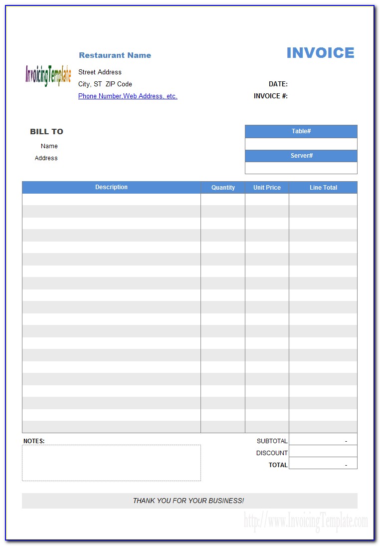 Restaurant Invoice Template Excel