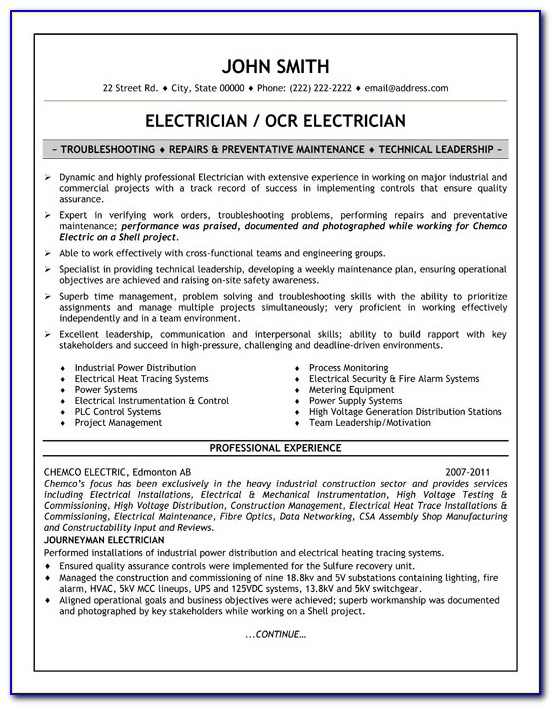 Resume Template Electrician Australia