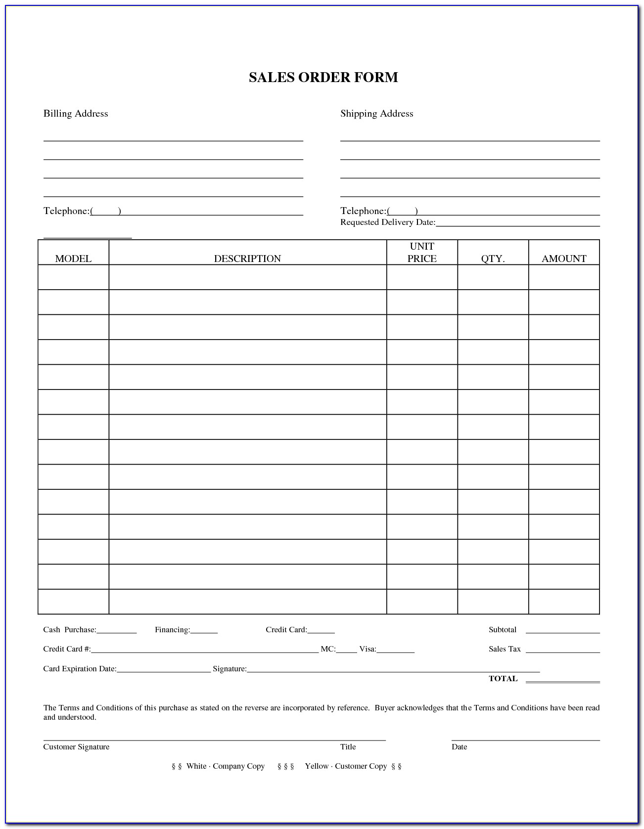 Sales Order Form Template Word Free