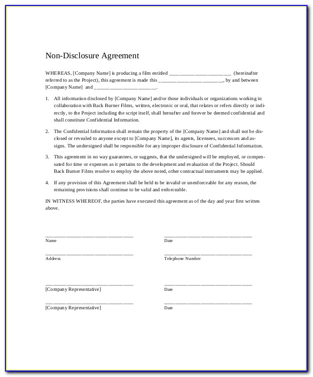 Short Non Disclosure Agreement Template