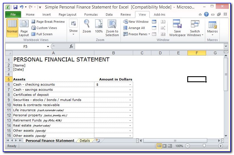 Simple Personal Financial Statement Blank Form