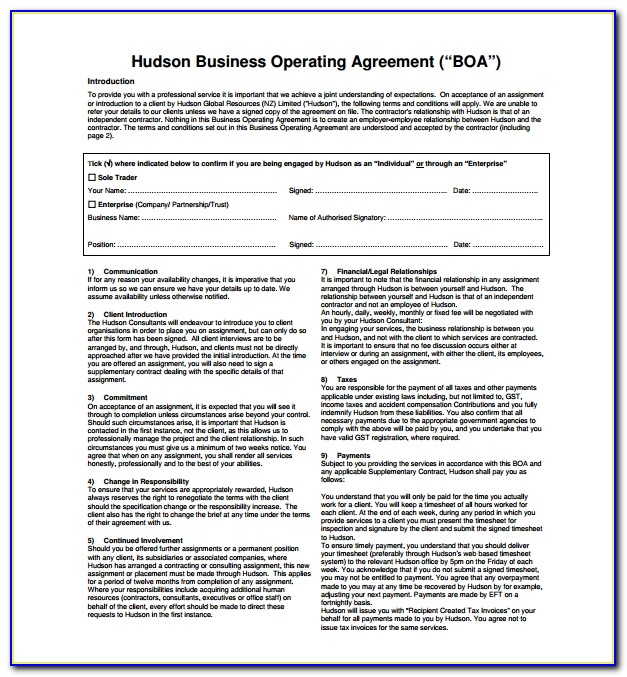 Small Business Operating Agreement Template