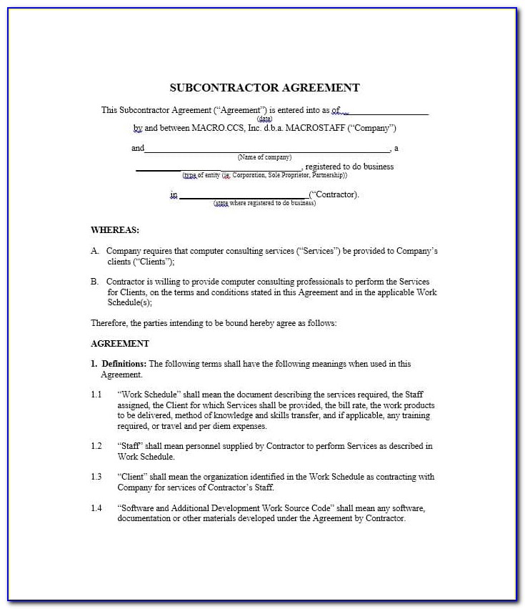 Subcontractors Agreement Template Free