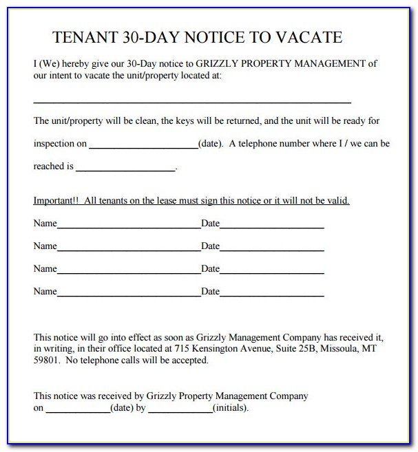 Tenant 30 Day Notice To Vacate Example