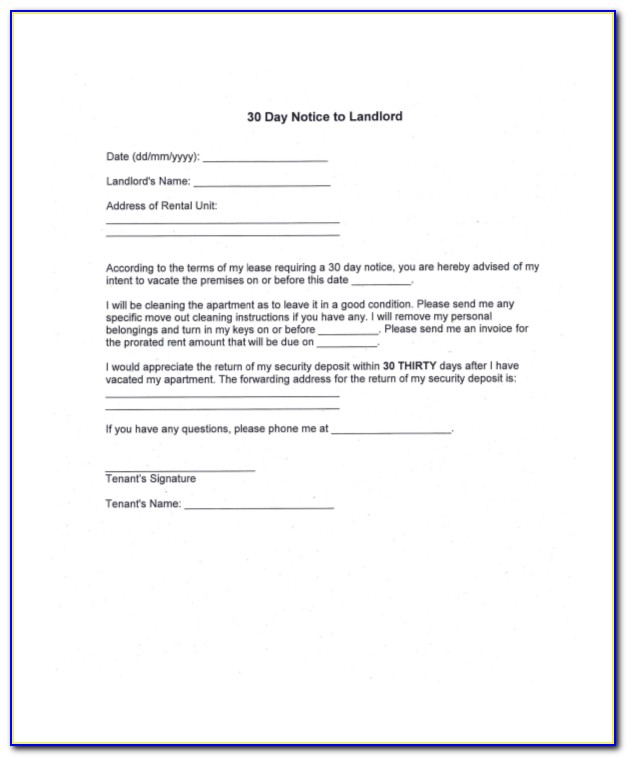 Tenant 30 Day Notice To Vacate Sample Letter