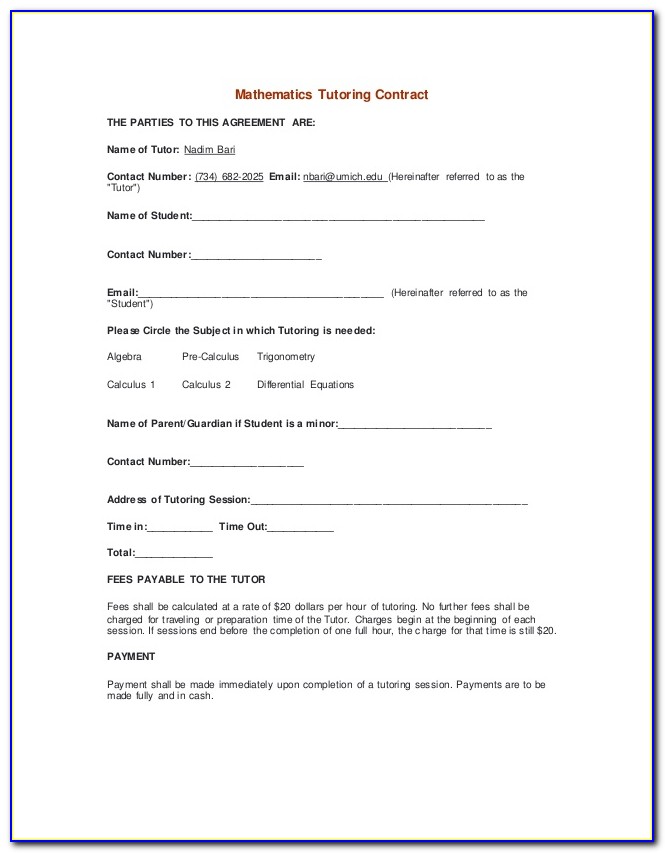 Tutoring Contract Template Pdf
