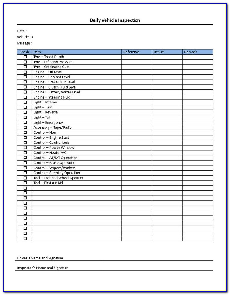 Vehicle Inspection Checklist Format
