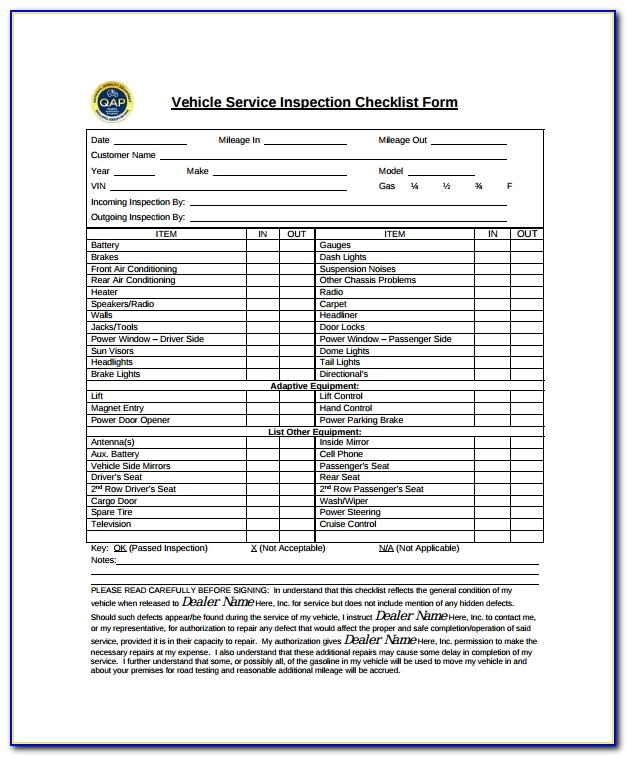 Vehicle Inspection Checklist Template Pdf