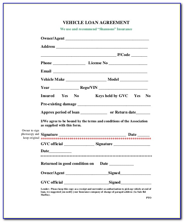 Vehicle Loan Agreement Template Free