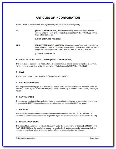 Articles Of Incorporation Template Word